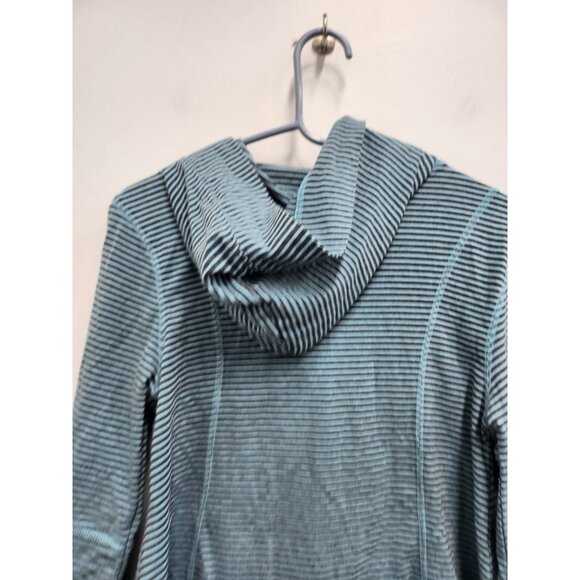 Lur Lagenlook Hoodie Womens Small Teal Navy Striped Full Zip 3/4 Sleeve Casual - Picture 6 of 7